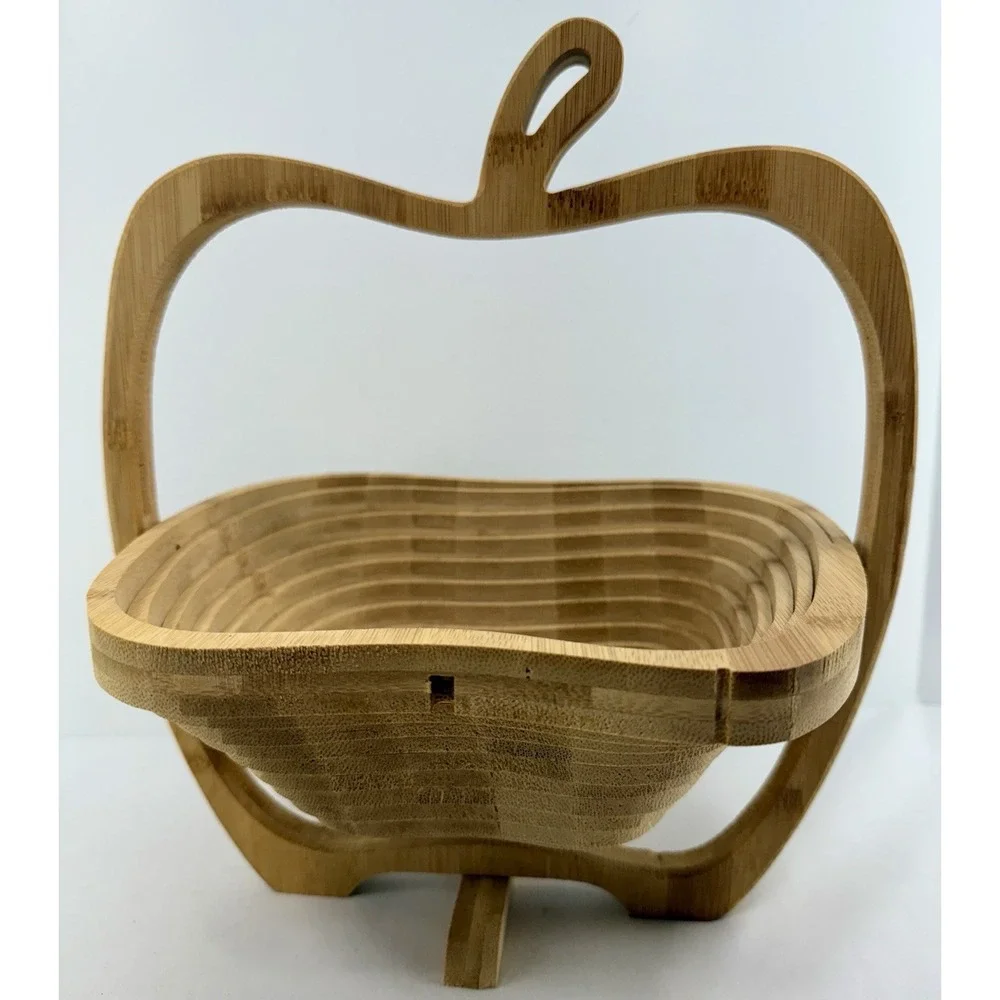 Bonnie & Pop Bamboo Apple Shaped Folding Basket Trivet Cutting Board NWOT Unused